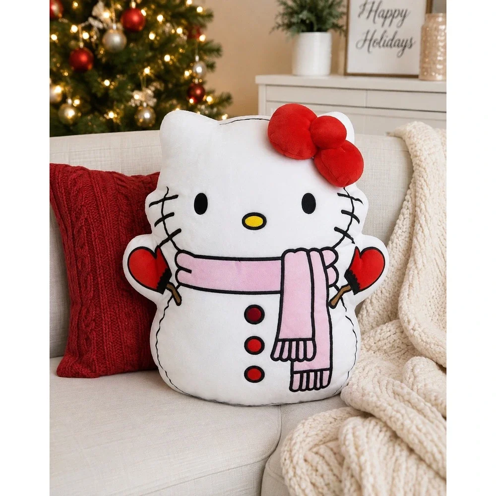 Sanrio Hello Kitty Snowman Holiday Plush Pillow 18 Inch Red Bow Pink Scarf NEW